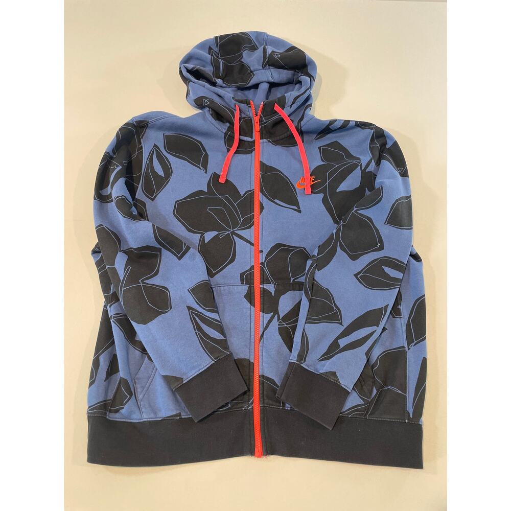 Nike Size L Blue Full‑Zip Hoodie Black Abstract Floral Print Orange Accents